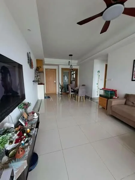 Living features: cream painted walls, white ceiling, recessed downlights, 5-blade ceiling fan with light, large flat-screen TV, wall-mounted TV console, tile flooring, sofa in beige, coffee table, decorative plants, dining area with dining table and chairs, door leading to other rooms; style: modern.