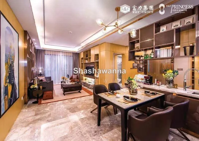 Dining features: 6-seater dining table, upholstered dining chairs, gold pendant light fixture, decorative wall art, built-in cabinetry, marble flooring, floor-to-ceiling windows with sheer curtains, area rug with geometric pattern, decorative plants, glass display cabinet, wall-mounted shelves, neutral wall color, open layout to living area; style: modern; view: city.