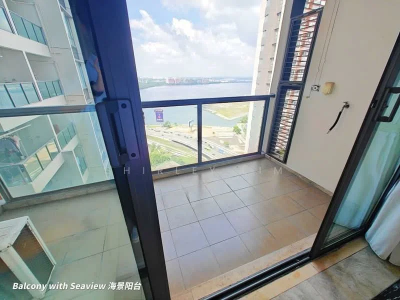 Balcony features: glass railing, sliding glass door, tile flooring, sea view, city view, sunlight exposure, outdoor space; view: sea.
