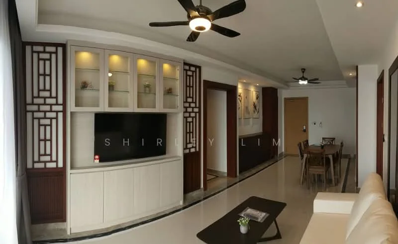 Living features: 3-seater fabric sofa in cream, wooden coffee table, wall-mounted TV, built-in cabinetry with glass shelves, decorative plants on shelves, ceiling fan with light, recessed lighting, marble flooring, neutral wall color, wood paneling accents, dining area with wooden dining table and chairs; style: modern.