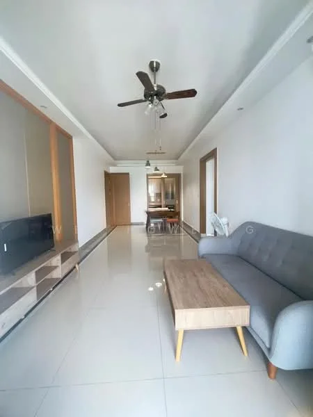 Living features: grey fabric 3-seater sofa, wood coffee table, TV console, wall-mounted TV, ceiling fan with light, recessed downlights, white painted walls, glossy tile flooring, large windows, dining table visible in background, wooden door, decorative wall mirror; style: modern.