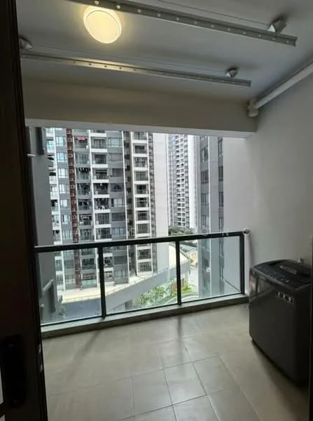 Laundry features: floor-to-ceiling windows, grey tiled flooring, washing machine, glass balcony railing, city view, recessed ceiling lights; style: modern; view: city.