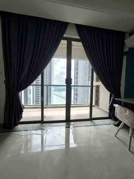 Room features: floor-to-ceiling sliding glass door, dark purple curtains, white walls, glossy tile flooring, city skyline view, air conditioning unit; style: modern; view: city.