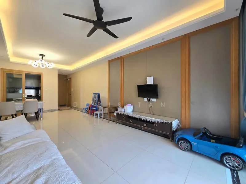 Living features: white walls, cream accent wall, tray ceiling with recessed lighting, 5-blade ceiling fan in black, large windows with sheer curtains, polished tile flooring, wall-mounted TV, entertainment unit, decorative console table, children's toy car, play area with small table and chairs, decorative wall art; style: modern.