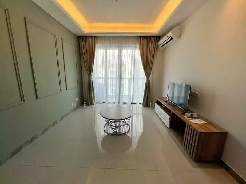 Living features: white painted walls, tray ceiling with recessed lighting, large floor-to-ceiling windows with sheer curtains, sliding glass door, light-colored tile flooring, wooden TV console, wall-mounted TV, round coffee table with metal base, air conditioning unit, decorative wall paneling; style: modern; view: city.