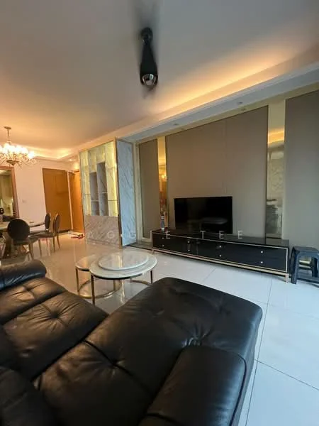 Living features: black leather sectional sofa, round glass coffee table, wall-mounted TV, black TV console, mirrored wall panel, recessed lighting, chandelier, white tiled flooring, decorative wall paneling, floor-to-ceiling windows with curtains; style: modern.