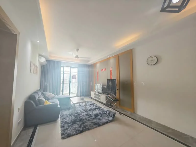 Living features: 3-seater fabric sofa in grey, area rug with geometric pattern, coffee table, TV console, wall-mounted TV, floor-to-ceiling windows, curtains, ceiling fan with light, recessed downlights, decorative wall clock, light-colored walls, polished tile flooring; style: modern; view: city.