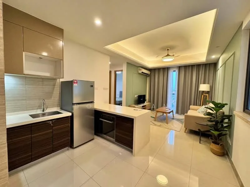 Kitchen features: white cabinetry, brown wood lower cabinets, stainless-steel fridge, single-bowl stainless-steel sink, chrome pull-down faucet, white quartz countertop, built-in oven, ceramic tile flooring, recessed downlights, open shelving, wall-mounted split AC; style: modern; view: city. Living features: 3-seater fabric sofa, area rug, coffee table, TV console, wall-mounted TV, curtains, ceiling fan; style: modern; view: city.