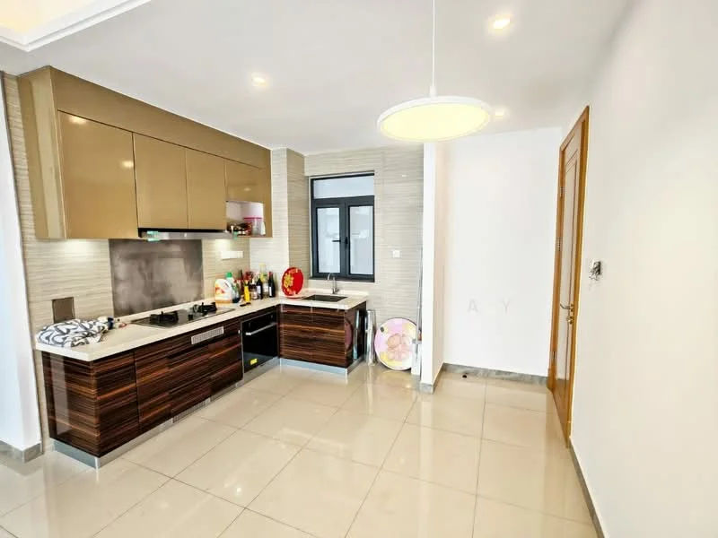 Kitchen features: brown glossy cabinetry, white countertop, built-in gas hob, stainless-steel range hood, single-bowl stainless-steel sink, chrome pull-down faucet, ceramic tile flooring, wall-mounted cabinets, window with black frame, recessed lighting, open layout, neutral wall color, decorative wall tiles, space for refrigerator; style: modern.