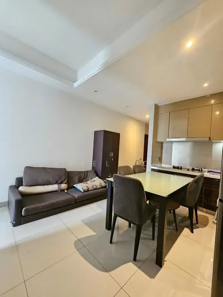 Dining features: rectangular dining table, 4 dining chairs, grey upholstered chairs, brown fabric sofa, white walls, recessed downlights, tile flooring, kitchen cabinetry in light brown, kitchen countertop, open layout; style: modern.