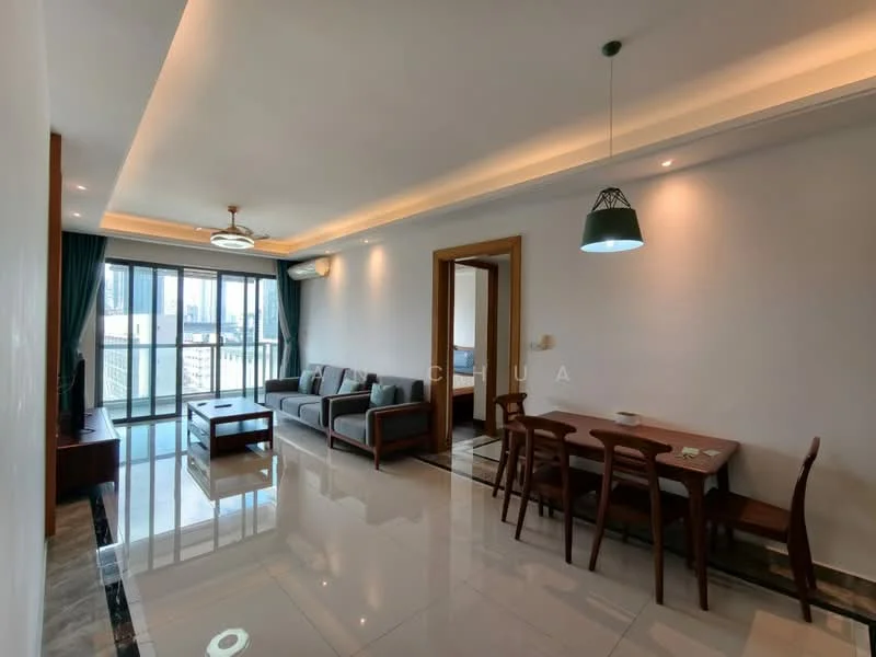 Living features: white painted walls, marble tile flooring, recessed downlights, 5-blade ceiling fan with light, floor-to-ceiling windows, sliding glass door, grey fabric 3-seater sofa, wooden coffee table, TV console, dining table for 4, wooden dining chairs, curtains, decorative wall light; style: modern; view: city.