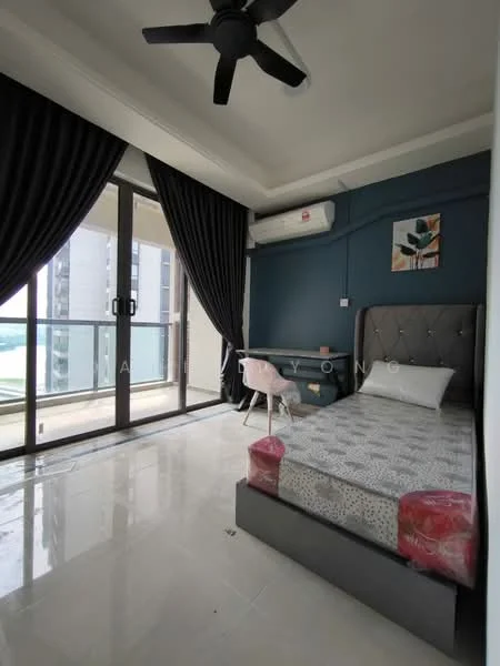 Bedroom features: king-size bed, upholstered headboard, white bedding, black curtains, floor-to-ceiling windows, sliding glass door, wall-mounted split AC, ceiling fan, marble tile flooring, decorative wall art, pink bedside tables; style: modern; view: city.