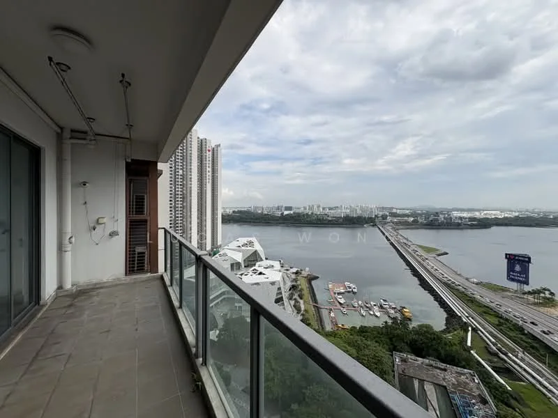 Room features: floor-to-ceiling windows, glass balcony railing, grey tiled flooring, outdoor space, city skyline view, water view, high-rise building, concrete wall; style: modern; view: city.