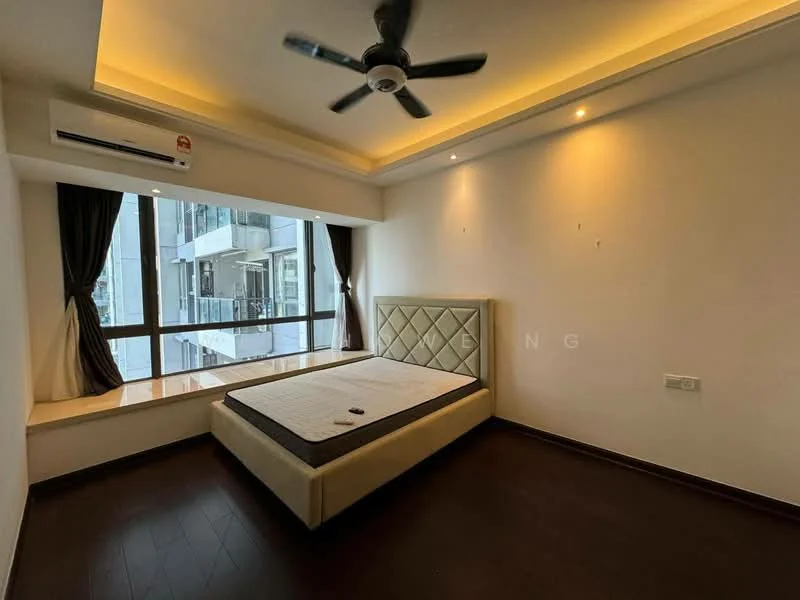 Bedroom features: queen-size bed, upholstered headboard, floor-to-ceiling windows, dark wood flooring, ceiling fan, recessed downlights, white painted walls, window treatments, air conditioning unit; style: modern; view: city.