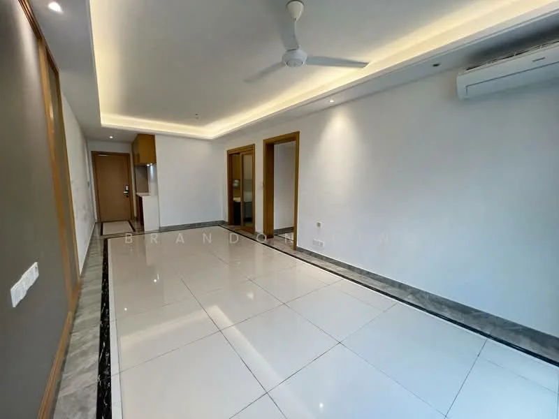 Room features: white painted walls, polished ceramic tile flooring, recessed downlights, ceiling fan, air conditioning unit, wooden door frames, door to adjacent room, door to kitchen area, decorative ceiling with cove lighting; style: modern.