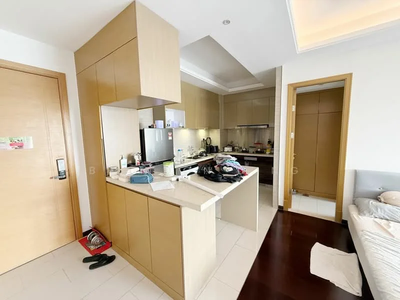 Kitchen features: light wood cabinetry, white quartz countertop, stainless-steel fridge, built-in oven, freestanding range oven, microwave, dishwasher, double-bowl stainless-steel sink, chrome pull-down faucet, tile backsplash, pendant lighting, open layout, floor-to-ceiling windows, white walls, ceramic tile flooring; style: modern. Room features: queen-size bed, bedding, wooden flooring, built-in wardrobe, wall-mounted TV, decorative items.