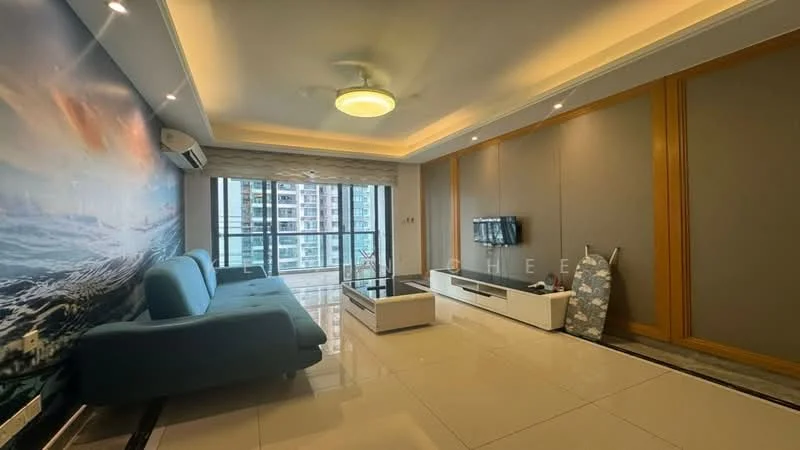 Living features: 3-seater fabric sofa in blue, wall-mounted TV, white TV console, coffee table, floor-to-ceiling windows, curtains, recessed downlights, ceiling fan, marble tile flooring, decorative wall with ocean mural, wall paneling, air conditioning unit; style: modern; view: city.