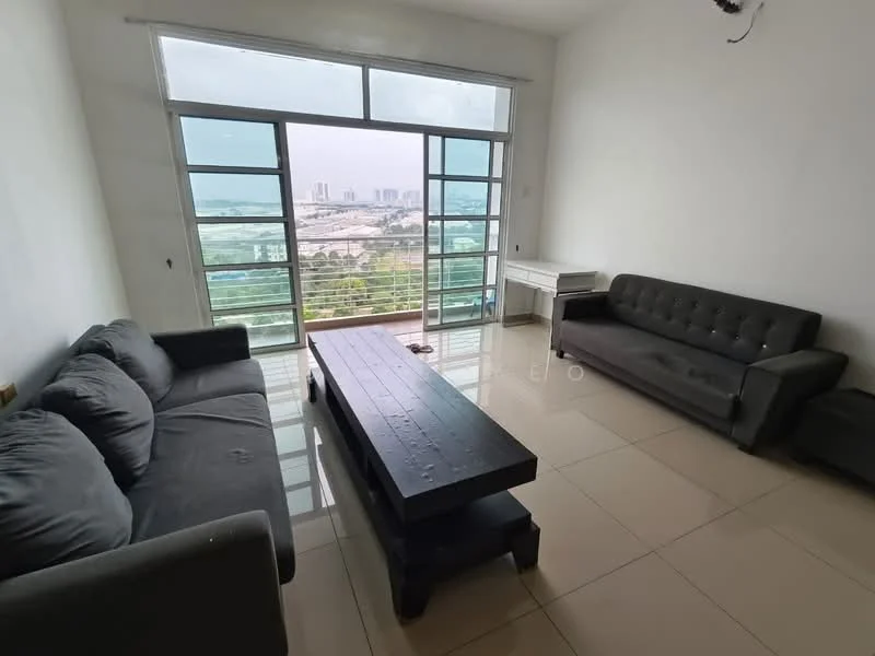 Living features: grey fabric 3-seater sofa, grey fabric 2-seater sofa, black rectangular coffee table, large floor-to-ceiling windows, white walls, glossy tile flooring, view of city skyline, minimalist decor, writing desk, chair; style: modern; view: city.