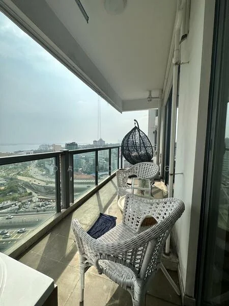 Balcony features: glass railing, stone flooring, hanging rattan chair, two white wicker chairs, small side table, city view, outdoor space, overhead lighting; style: modern; view: city.