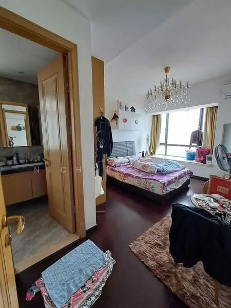 Bedroom features: queen-size bed with floral bedding, chandelier light fixture, floor-to-ceiling windows, wooden flooring, wall-mounted air conditioning unit, built-in wardrobe, decorative wall shelves, area rug with soft texture, clothes on the floor, curtains, mirror on the wall; style: modern; view: city. Bathroom features: single-sink vanity with wood cabinet, mirror above vanity, tile flooring, shower area, toilet, light fixture, storage cabinets.