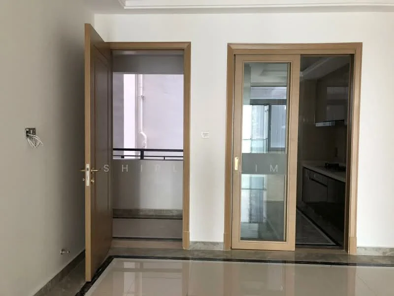 Room features: white painted walls, glossy tile flooring, wooden door with glass panel, sliding glass door, window with view to balcony, crown moulding, recessed ceiling lights; style: modern.