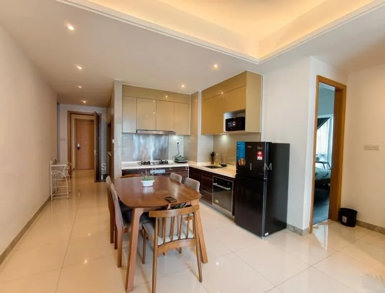 Kitchen features: white tiled backsplash, golden cabinetry, stainless-steel built-in oven, stainless-steel gas hob, stainless-steel range hood, black refrigerator, wooden dining table, wooden dining chairs, white porcelain floor tiles, recessed downlights, open layout, kitchen island, sink, countertop with integrated appliances; style: modern. Dining features: wooden dining table, wooden dining chairs; style: modern.