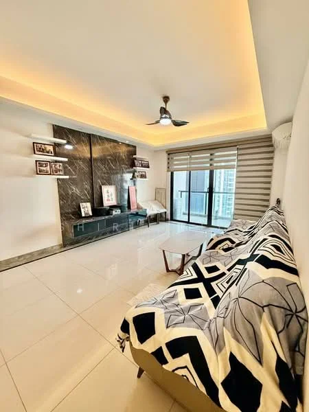 Living features: white painted walls, marble accent wall, recessed ceiling with LED lighting, sliding glass door, floor-to-ceiling windows, grey and black geometric patterned sofa cover, light-colored coffee table, ceramic tile flooring, ceiling fan with light, decorative wall frames; style: modern; view: city.