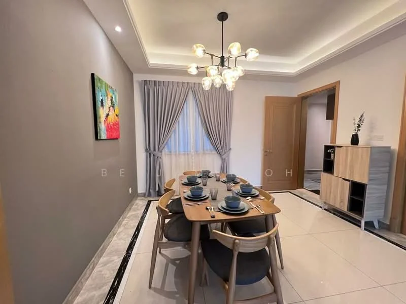Dining features: 6-seater dining table, wooden dining chairs, grey tableware, chandelier with multiple bulbs, grey painted walls, white ceiling with recessed lighting, floor-to-ceiling window with sheer curtains, marble tile flooring, decorative artwork on wall, sideboard cabinet, neutral color palette; style: modern.