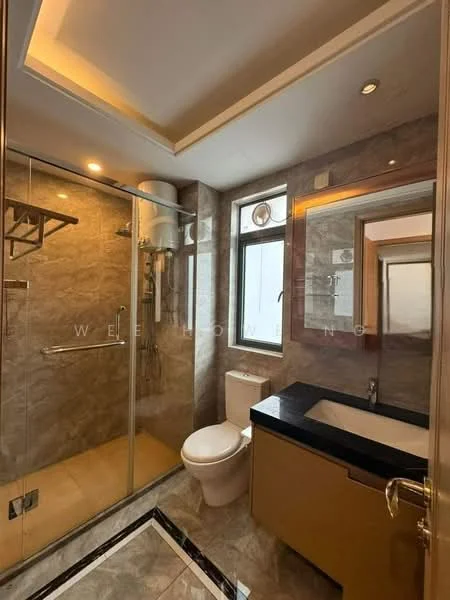 Bathroom features: glass shower enclosure, rain shower head, handheld shower, single-sink vanity with dark countertop, toilet, framed mirror, tile cladding on walls, marble tile flooring, recessed downlights, window for natural light; style: modern.