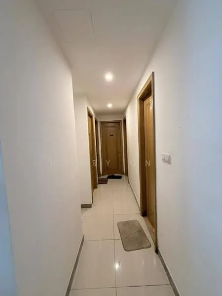 Hallway features: white painted walls, glossy ceramic tile flooring, recessed downlights, wooden doors, door frames in wood, doormat, neutral color scheme; style: modern.