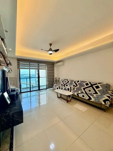 Living features: sofa with geometric pattern throw, coffee table, wall-mounted TV, marble flooring, ceiling fan with light, recessed lighting, floor-to-ceiling windows, sheer curtains, air conditioning unit, decorative wall paneling; style: modern; view: city.