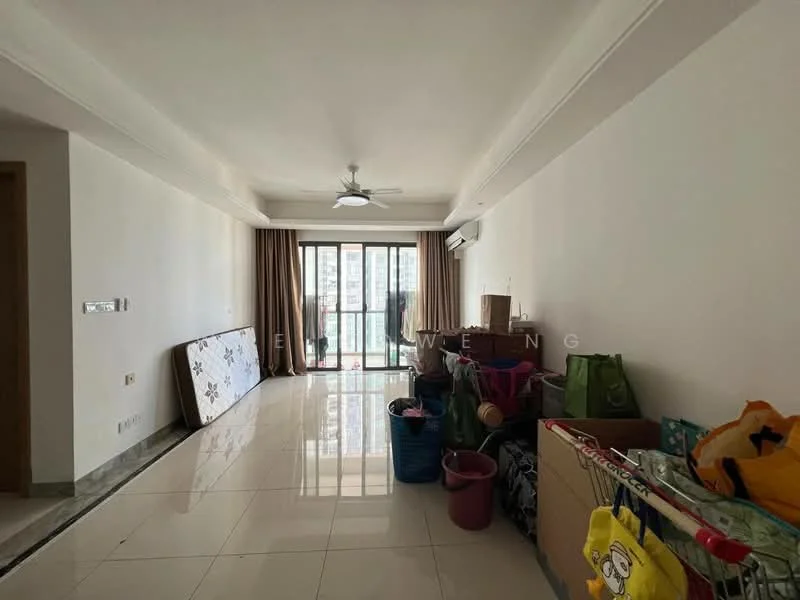 Living features: white painted walls, glossy tile flooring, 5-blade ceiling fan with light, floor-to-ceiling windows, curtains, balcony door, various storage bins, cardboard boxes.