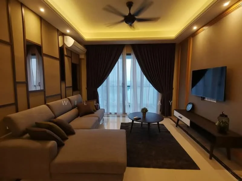 Living features: L-shape sectional sofa in light grey, coffee table, wall-mounted TV, TV console in white, area rug in dark color, floor-to-ceiling windows with sheer curtains, recessed downlights, ceiling fan with light, decorative wall paneling, dark brown curtains, light-colored walls, light-colored ceiling with cove lighting; style: modern; view: city.
