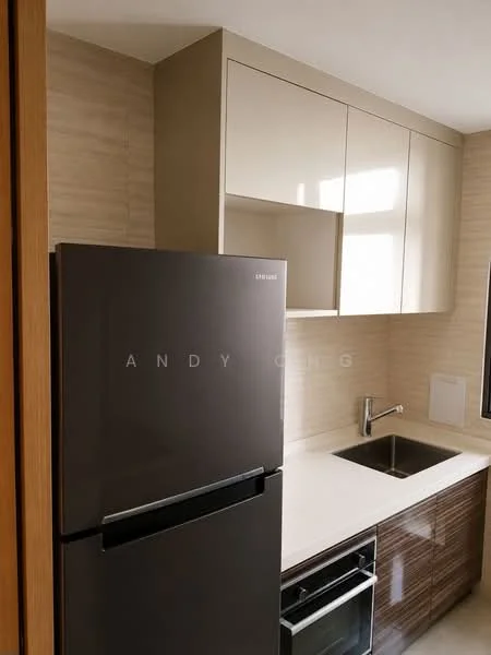 Kitchen features: single-bowl stainless-steel sink, chrome pull-down faucet, white quartz countertop, dark wood cabinetry, light beige upper cabinets, built-in oven, stainless-steel fridge, tile backsplash, window for natural light, recessed downlights; style: modern.