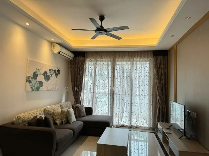 Living features: 3-seater fabric sofa in grey, decorative cushions, coffee table, wall-mounted TV, floor-to-ceiling windows, sheer curtains, recessed downlights, 5-blade ceiling fan with light, white painted walls, glossy tile flooring, artwork on wall; style: modern.