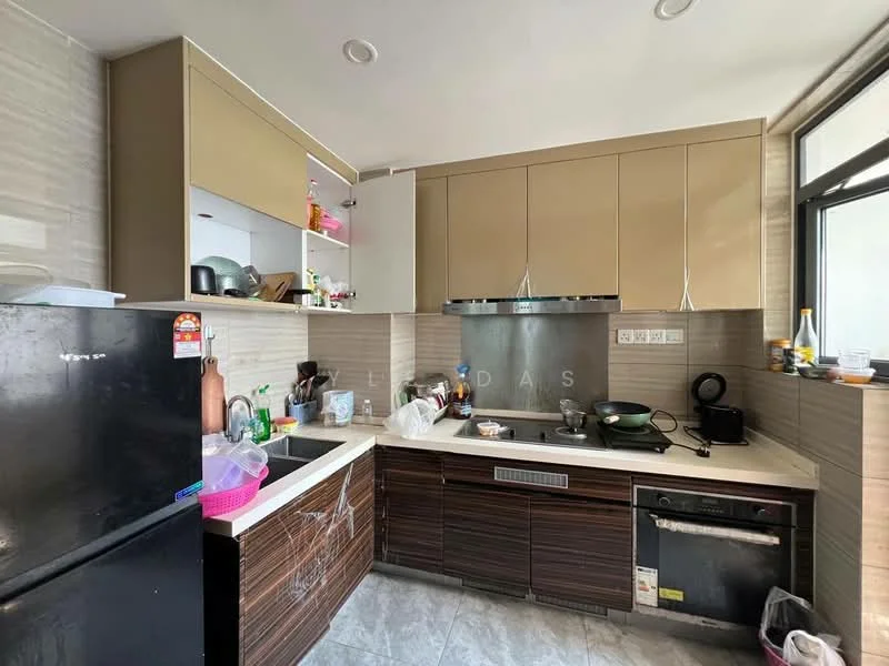 Kitchen features: brown laminate cabinetry, white countertop, stainless-steel sink, chrome pull-down faucet, built-in oven, freestanding range oven, black fridge, dishwasher, ceramic tile flooring, grey tiled backsplash, window with natural light, open shelving, kitchen utensils and appliances visible; style: modern.
