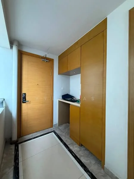 Room features: wooden cabinetry, white walls, marble tile flooring, door with security lock, built-in storage, light switch, neutral color scheme, corner window, baseboards; style: modern.