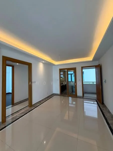 Room features: white painted walls, tray ceiling with recessed lighting, marble tile flooring, wooden door frames, glass sliding doors, large windows, balcony access, crown moulding; style: modern.