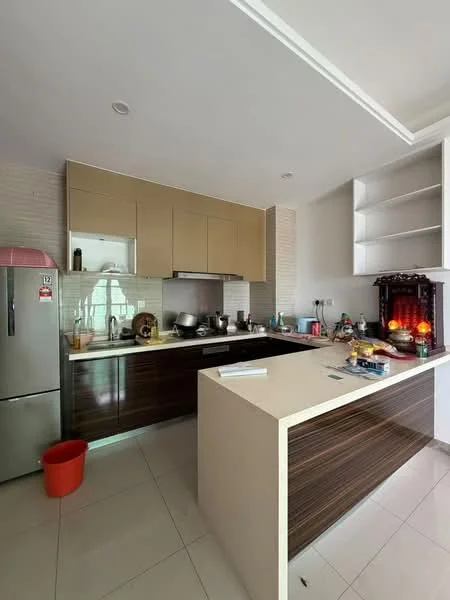 Kitchen features: brown wooden cabinetry, light beige upper cabinets, white quartz countertop, stainless-steel fridge, built-in oven, ceramic cooktop, kitchen island with seating, tile backsplash, sink with faucet, open shelving, recessed lighting, floor tiles, kitchen utensils and appliances visible; style: modern.