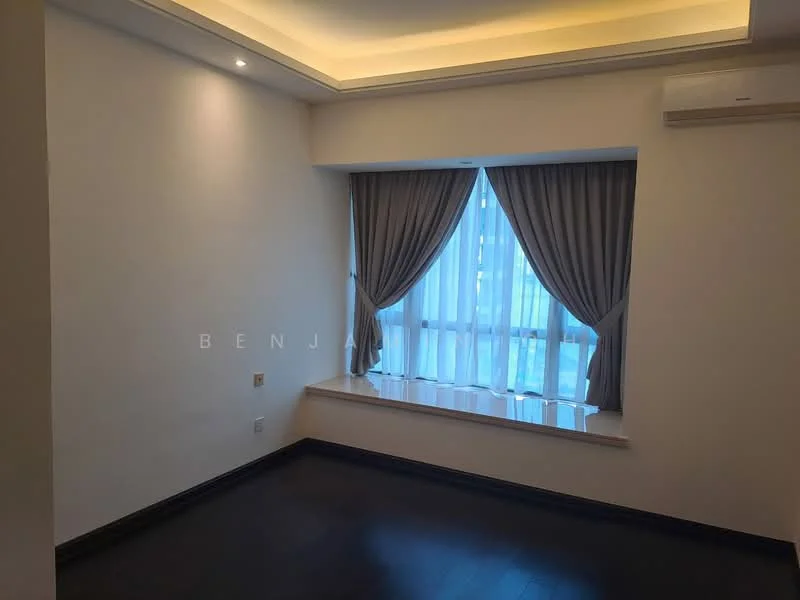 Room features: white painted walls, dark wood flooring, floor-to-ceiling windows, sheer curtains, drapes, recessed ceiling lights, air conditioning unit; style: modern; view: city.