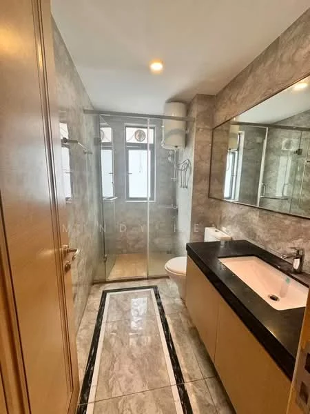 Bathroom features: glass shower enclosure, rain shower head, single-sink vanity with black countertop, chrome basin mixer, framed mirror, one-piece toilet, marble tile flooring, grey tiled walls, wall-mounted towel rack, window for natural light; style: modern.