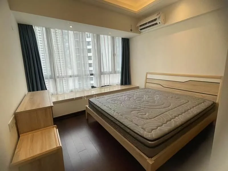 Bedroom features: queen-size bed frame, mattress, wooden bedside table, floor-to-ceiling windows, sheer curtains, dark blue curtains, wooden flooring, wall-mounted split AC, recessed ceiling lights; style: modern; view: city.
