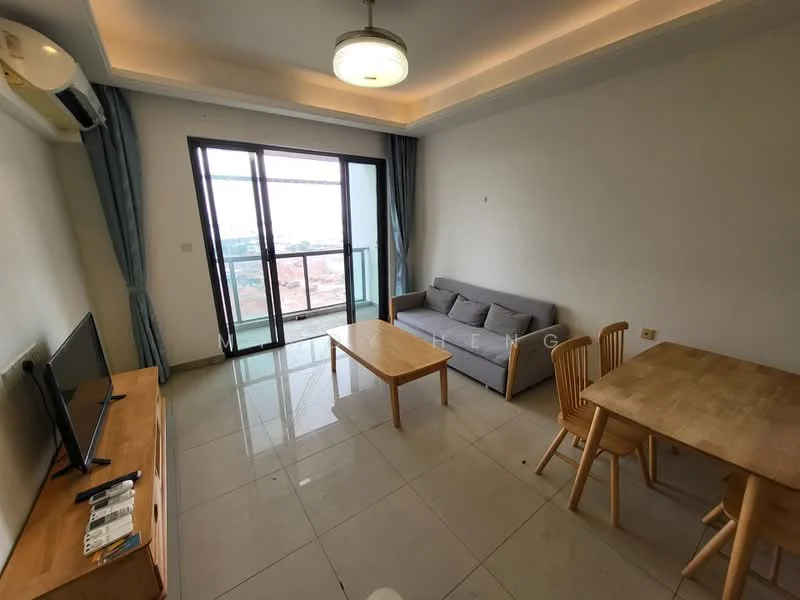 Living features: grey fabric sofa, wooden coffee table, 4-seater wooden dining table, 4 wooden dining chairs, wall-mounted TV, TV console, floor-to-ceiling windows, sliding glass door, curtains, recessed ceiling lights, air conditioning unit, glossy tile flooring, neutral painted walls; style: modern; view: city.