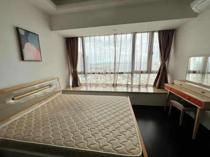 Bedroom features: king-size bed frame without mattress, floor-to-ceiling windows, sheer curtains, dark wood flooring, wall-mounted mirror, dressing table with drawers, decorative artwork on wall, city view from window; style: modern; view: city.