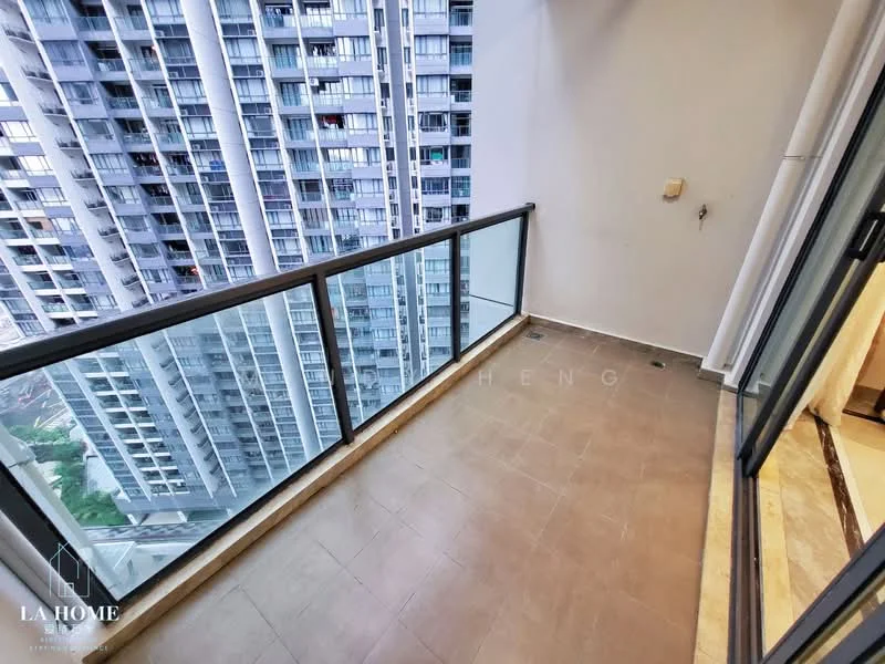 Balcony features: glass railing, tile flooring, city view, attached to living room, sliding glass door access; style: modern; view: city.
