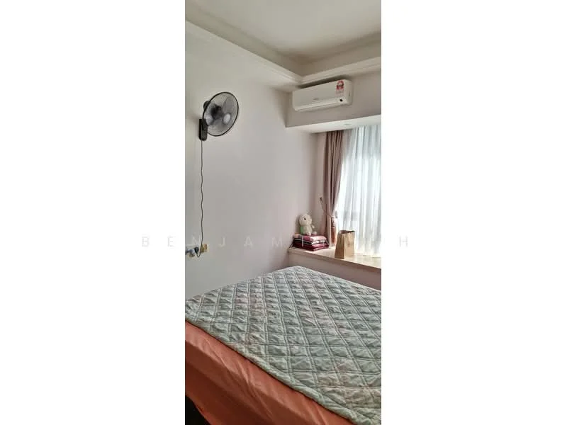 Bedroom features: queen-size bed, bed with quilted bedspread, wall-mounted air conditioning unit, floor-to-ceiling window, sheer curtains, decorative teddy bear, nightstand with books, light-colored painted walls, crown moulding; style: modern.