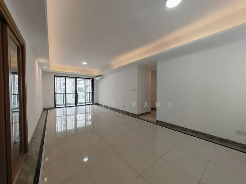 Living features: white painted walls, glossy ceramic tile flooring, recessed downlights, sliding glass door, floor-to-ceiling windows, crown moulding, air conditioning unit, neutral color scheme, marble skirting, open layout; style: modern.