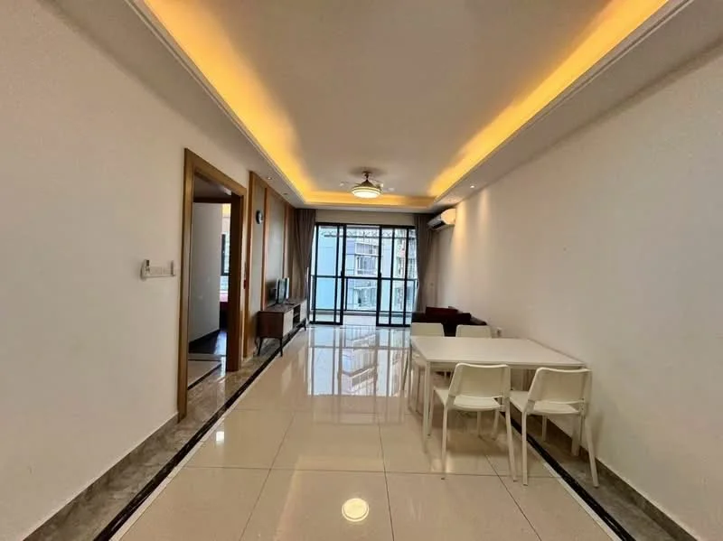 Living features: white painted walls, recessed ceiling with warm LED lighting, polished ceramic tile flooring, floor-to-ceiling windows, sliding glass door, wall-mounted TV, TV console, sofa, dining table with chairs, air conditioning unit; style: modern; view: city.
