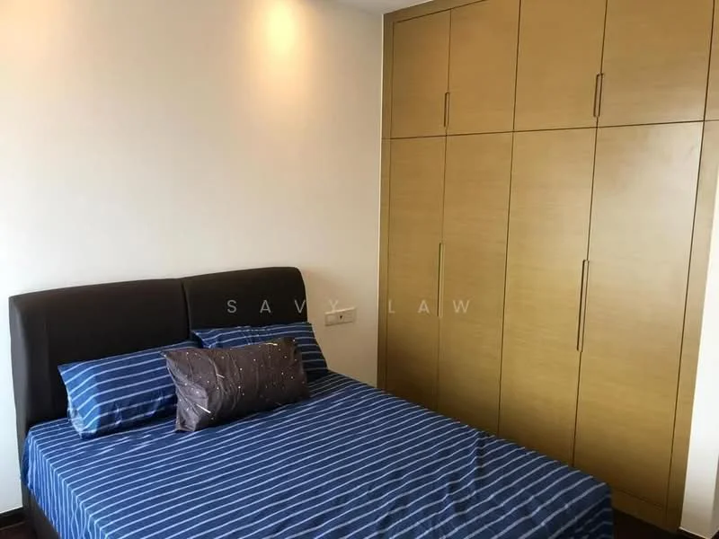 Bedroom features: queen-size bed with dark headboard, striped blue bedding, decorative pillow, built-in wardrobe with wooden finish, white painted walls, recessed lighting, dark wood flooring; style: modern.