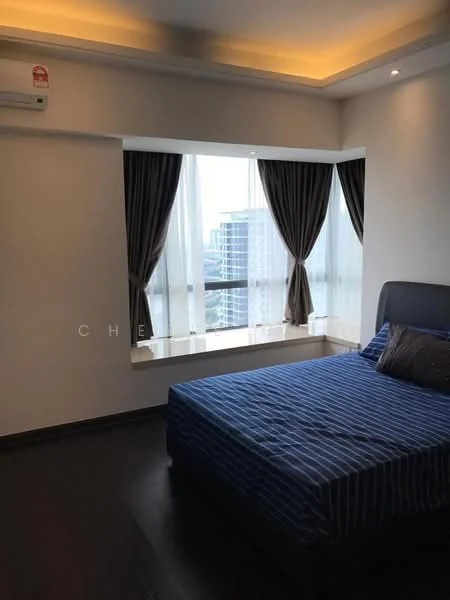 Bedroom features: king-size bed with blue striped bedding, upholstered headboard, floor-to-ceiling windows, sheer curtains, blackout curtains, wooden flooring, recessed ceiling lights, wall-mounted split AC; style: modern; view: city.